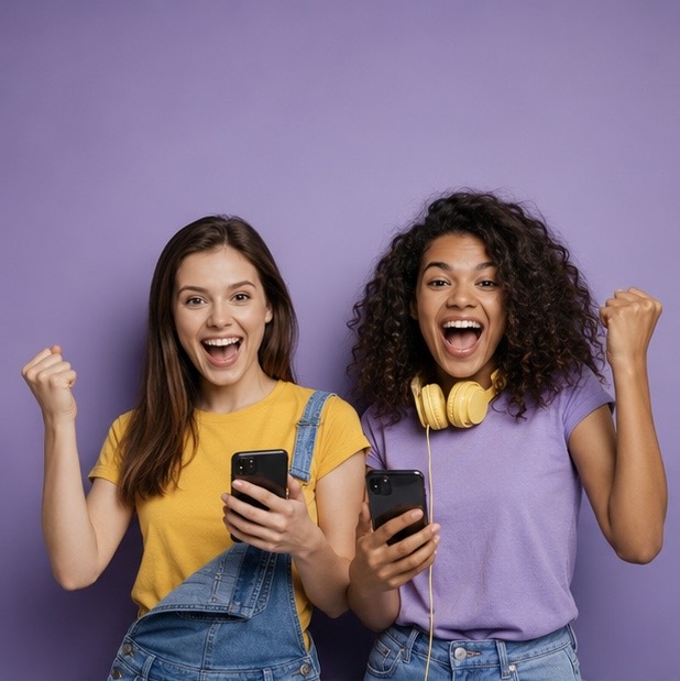 Usuárias felizes acompanhando finanças pelo celular