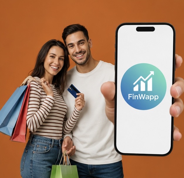 Casal usando o FinWapp para organizar compras pelo celular