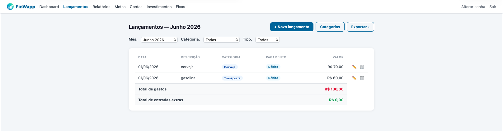 Lançamentos organizados no painel do FinWapp